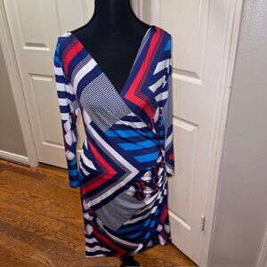 Boston Proper V-Neck Faux-Wrap Dress in Vibrant Geometric Print (Sz L)
